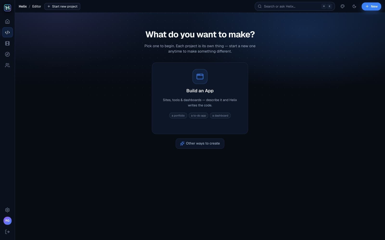 Helix Studio editor asking what you want to make, with app-building project templates